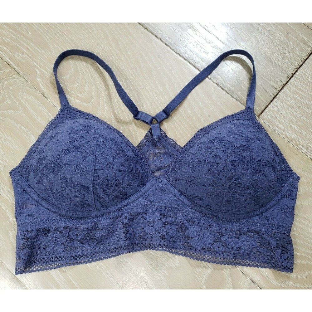 Victoria's Secret Large Bralette Lace Floral Purple Padded Sheer Long Line